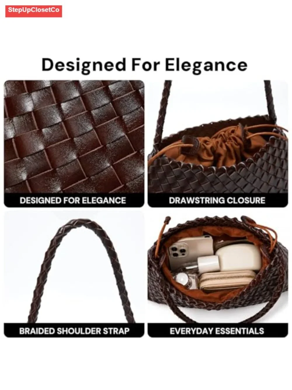 Woven Vegan Leather Hobo Handbag with Drawstring Pouch, Shoulder & Clutch